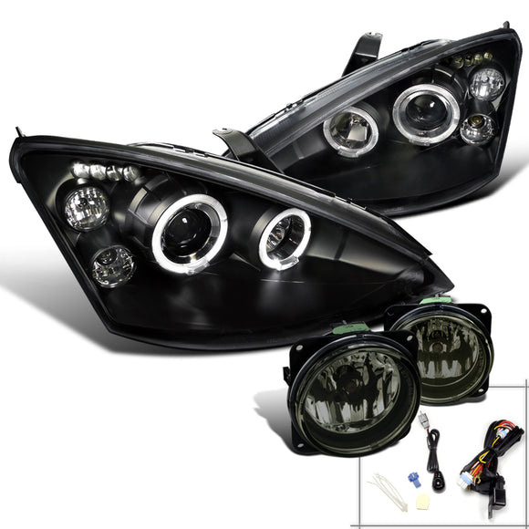Coolstuffguru Compatible with FORD 00-04 FOCUS BLACK DUAL HALO LED PROJECTOR HEADLIGHT+SMOKE BUMPER FOG LA