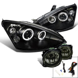 Coolstuffguru Compatible with FORD 00-04 FOCUS BLACK DUAL HALO LED PROJECTOR HEADLIGHT+SMOKE BUMPER FOG LA