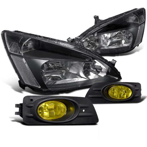 Coolstuffguru Compatible with Honda Accord Sedan JDM Black Crystal Headlights+Yellow Driving Bumper Fog La