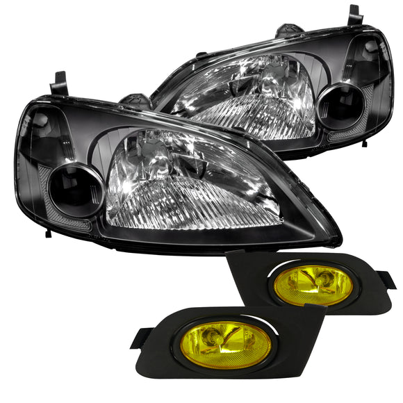 Coolstuffguru BLACK HEADLIGHTS + AMBER FOG LIGHTS Compatible with 2001-2003 HONDA CIVIC