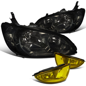 Coolstuffguru Compatible with 2004-2005 HONDA CIVIC EX DX LX SMOKED HEADLIGHTS + YELLOW FOG LIGHTS LAMPS