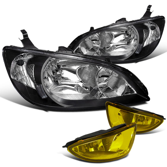 Coolstuffguru Compatible with 2004-2005 HONDA CIVIC EX DX LX BLACK HEADLIGHTS + YELLOW FOG LIGHTS