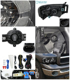 Coolstuffguru Compatible with Dodge Ram 1500/2500/3500 Diamond Black Headlights+Smoke Driving Fog Lamps