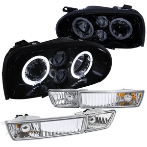 Coolstuffguru Compatible with Volkswagen Golf MK3 Dual Halo Projector Headlight+Clear Bumper Fog Lamps