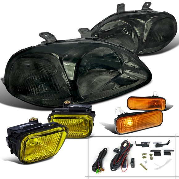 Coolstuffguru Compatible with Civic Smoke Headlights+Yellow Bumper Fog Lights+Amber Side Markers