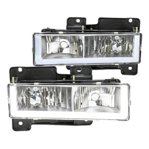 Coolstuffguru Chrome Housing Clear Lens Headlights w/ LED Light Bar Compatible with Chevy GMC C10 C/K 1500 2500 3500 1988-1998, Suburban Tahoe Silverado Sierra, L+R Pair Head Light Lamp Assembly