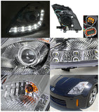 Coolstuffguru Compatible with Nissan 350Z Chrome Clear Projector Headlights w/ LED Strip