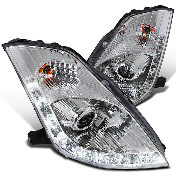 Coolstuffguru Compatible with Nissan 350Z Chrome Clear Projector Headlights w/ LED Strip