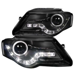 Coolstuffguru Black Halo Projector Headlights + R8 Sty Led Lamps Compatible with Volkswagen Passat 2006-2010 L+R Pair Head Light Lamp Assembly