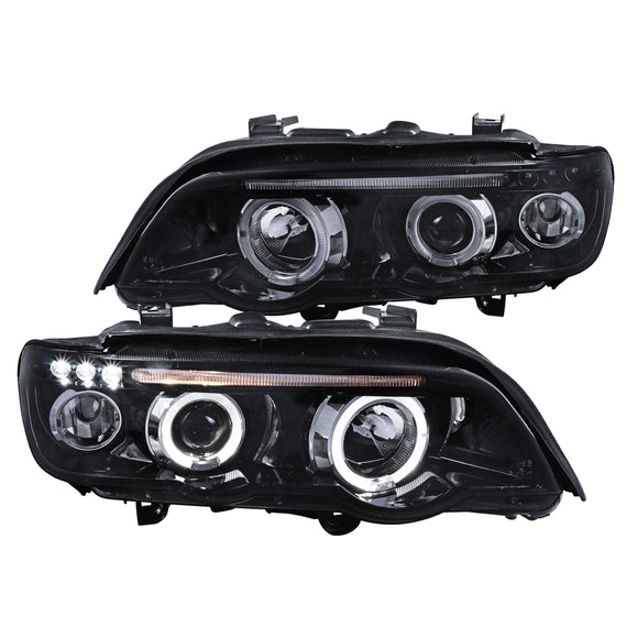 Coolstuffguru Compatible with BMW E53 X5 Dual Halo LED Glossy Black Projector Headlights Left+Right Smoke Lens