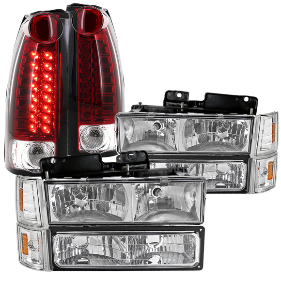 Coolstuffguru Compatible with GMC C10 Sierra Chrome Headlight Bumper Corner Lamp+Red Clear LED Tail Lamp