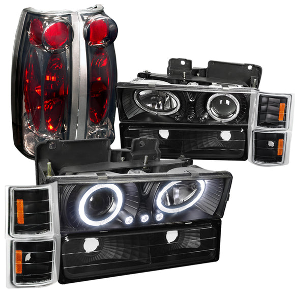 Coolstuffguru Compatible with Chevy C/K Blk Halo Led Proj Headlights, Corner, Bumper Lamps, Smoked Tail Li