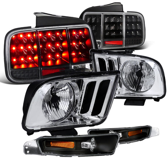 Coolstuffguru Compatible with 2005-2009 Mustang Chrome Headlight+Black/Clear Parking Lamp+Red Led Tail Lig