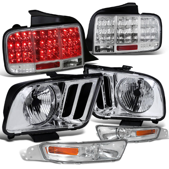 Coolstuffguru Compatible with Ford Mustang GT Crystal Chrome Headlights+Clear Bumper Lights+LED Tail light
