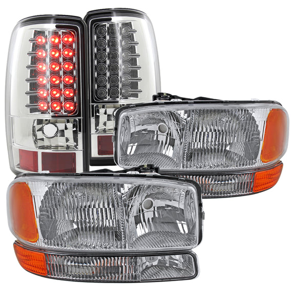 Coolstuffguru Compatible with GMC Yukon XL 1500 2500 Chrome Headlights+Bumper Parking Lamps+LED Tail Light