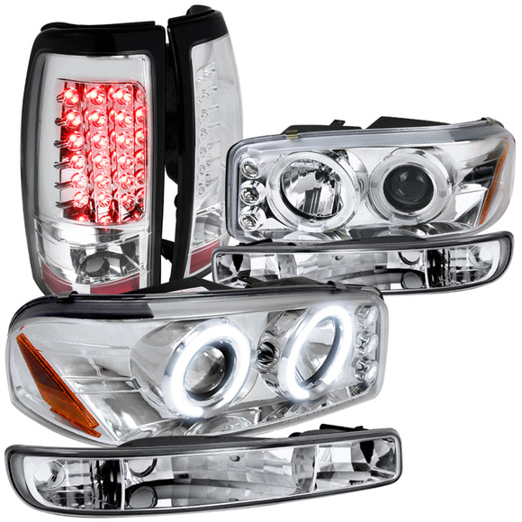 Coolstuffguru Compatible with Gmc Sierra Fleet Side, Chrome Halo Led Headlights, Bumper Lights, Led Tail L