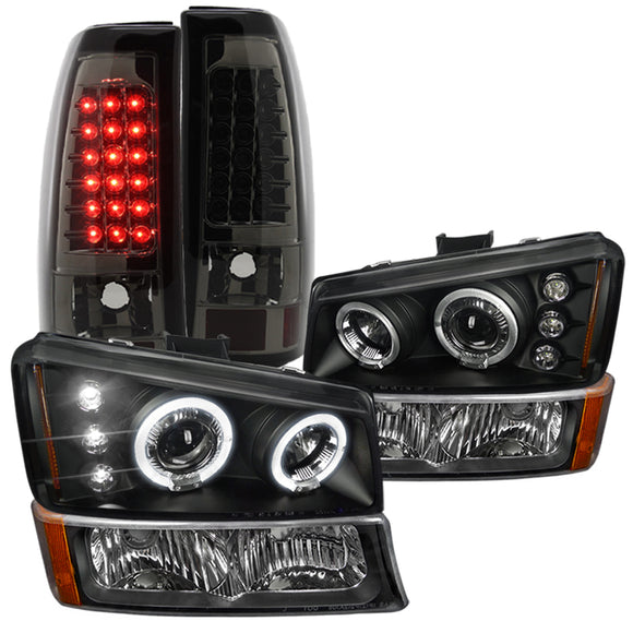 Coolstuffguru Compatible with Silverado Black Halo Projector Headlights+Bumper Lights+Smoke LED Tail Light