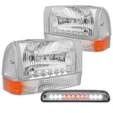 Coolstuffguru CHROME CLEAR HEADLIGHT+SIGNAL LAMP+LED 3RD BRAKE Compatible with 1999-2004 FORD F250 SUPER DUTY