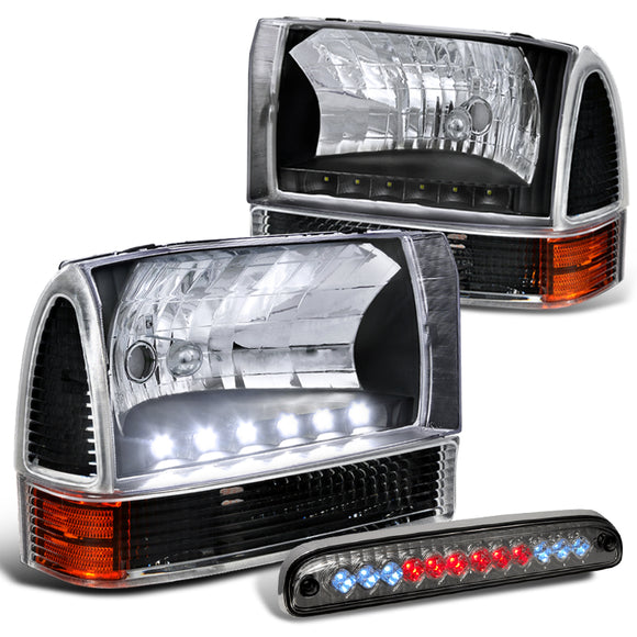 Coolstuffguru Compatible with BLACK 99-04 FORD SUPER DUTY HEADLIGHT+SIGNAL LAMP+SMOKE LED 3RD BRAKE LIGHTS