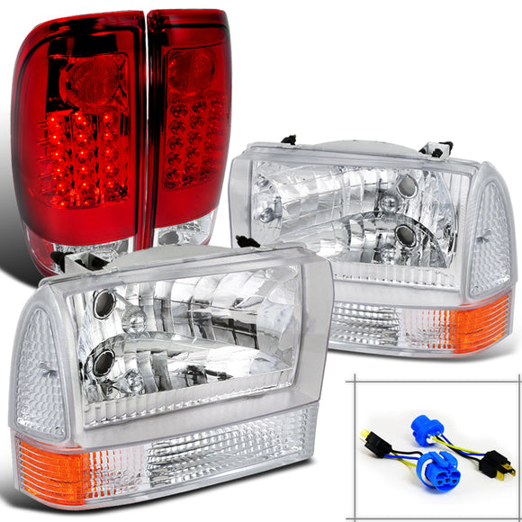 Coolstuffguru Compatible with Ford F250/350/450 Chrome Headlights+Corner Signal Lights+Red LED Tail Lamps