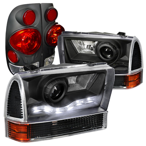 Coolstuffguru Compatible with Ford F250 Super Duty Style Side, Blk Halo Proj Headlights, Corner, 3D Tail L