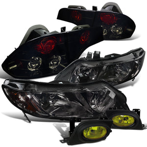 Coolstuffguru SMOKE HEADLIGHTS+YELLOW BUMPER FOG LIGHTS+GLOSSY BLACK TAIL L Compatible with 2006-2008 CIVIC 4D