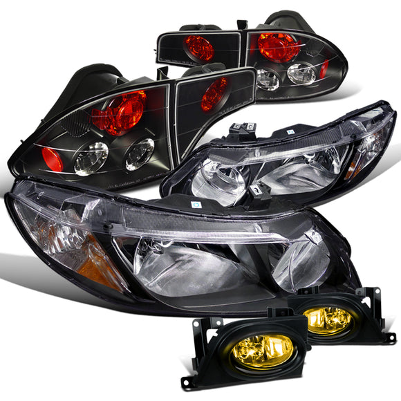 Coolstuffguru CRYSTAL HEADLIGHTS+BUMPER FOG LAMPS+BLACK TAIL BRAKE LIG Compatible with 2006-2008 CIVIC 4DR