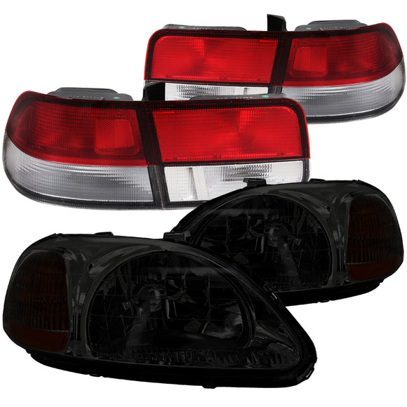 Coolstuffguru Compatible with Honda Civic Coupe Crystal Smoke Headlights+Red/Clear Rear Tail Lights