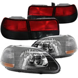 Coolstuffguru Compatible with CIVIC COUPE 2DR JDM BLACK HEAD LIGHTS+SMOKE & RED TAIL LAMPS PAIR