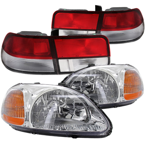 Coolstuffguru Compatible with Honda Civic Coupe Crystal Chrome Headlights+Red/Clear Rear Tail Lights