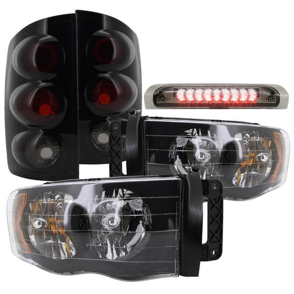 Coolstuffguru Compatible with Dodge Ram Crystal Headlights+Glossy Black Tail Lights+Clear LED 3rd Brake La