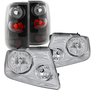 Coolstuffguru Compatible with Ford F150 Crystal Chrome Headlights+Black Rear Tail Brake Lamps