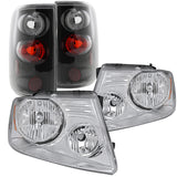 Coolstuffguru Compatible with Ford F150 Crystal Chrome Headlights+Black Rear Tail Brake Lamps