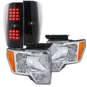 Coolstuffguru Compatible with Ford F150 Crystal Clear Headlights+Black Smoke LED Tail Lamps