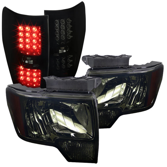 Coolstuffguru Compatible with Ford F150 F-150 Crystal Smoke Headlights+Glossy Black LED Tail Lamps