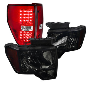 Coolstuffguru Compatible with Ford F150 Smoke Lens Headlights Headlamps+Red LED Tail Lamps Brake Lights Pa