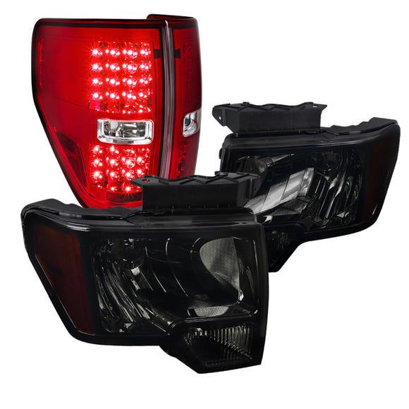 Coolstuffguru Compatible with Ford F150 Smoke Lens Headlights Headlamps+Red LED Tail Lamps Brake Lights Pa