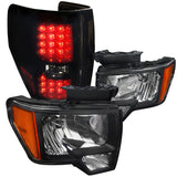 Coolstuffguru Compatible with Ford F150 Pickup JDM Black Headlights+Glossy Black LED Brake Lights Tail Lam