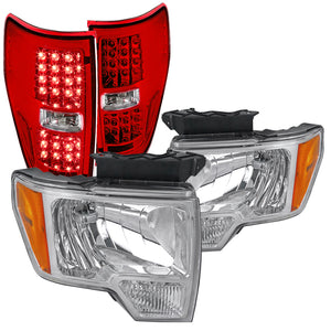 Coolstuffguru Compatible with Ford F150 F-150 Pickup Headlights+Red LED Rear Brake Lights Tail Lamps Pair