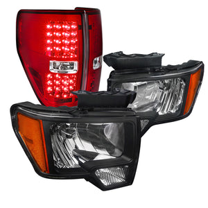 Coolstuffguru Compatible with Ford F150 F-150 Truck Pickup Black Headlights+Red LED Rear Brake Tail Lamps