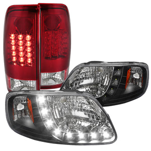 Coolstuffguru Compatible with Ford F-150 Crystal Black SMD DRL Headlights+Red/Clear LED Tail Lights