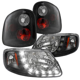 Coolstuffguru Compatible with Ford F-150 Crystal Black SMD DRL Headlights+Clear Rear Tail Lights