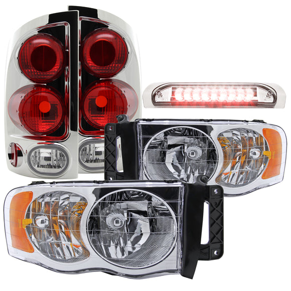 Coolstuffguru Compatible with Dodge Ram 1500 2500, Chrome Headlight, 3D Style Tail Light, 3Rd Led Brake La