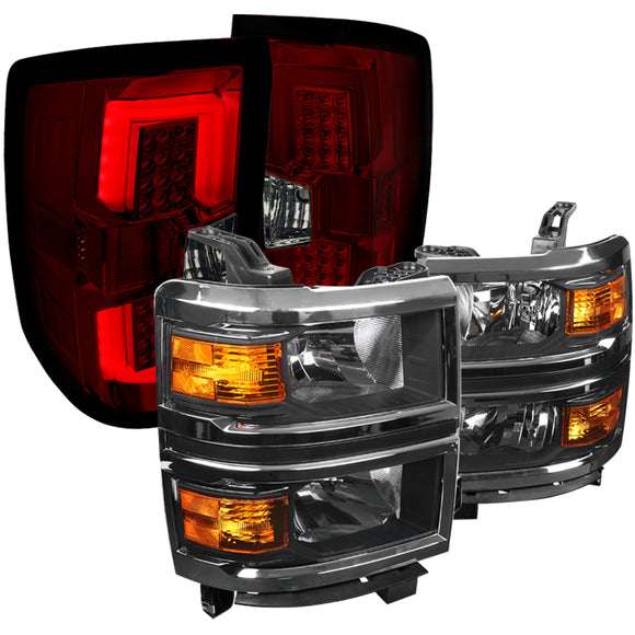 Coolstuffguru Compatible with Chevy Silverado 1500 Pickup Black Headlights+Red/Smoke LED Rear Tail Lamps P