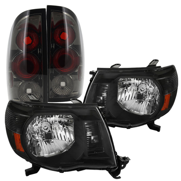 Coolstuffguru Compatible with TOYOTA 2005-2008 TACOMA JDM BLACK CRYSTAL HEADLIGHT+SMOKE REAR TAIL LAMP