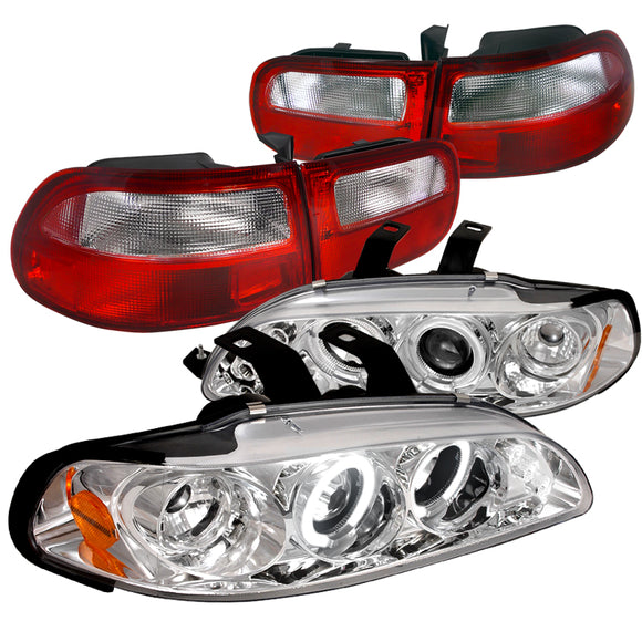 Coolstuffguru Compatible with Honda Civic 3Dr Chrome Halo LED Projector Headlights+Red/Clear Tail Lights