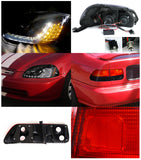 Coolstuffguru Compatible with Civic Coupe Glossy Black LED DRL Signal Projector Headlights+Smoke Tail Lamp