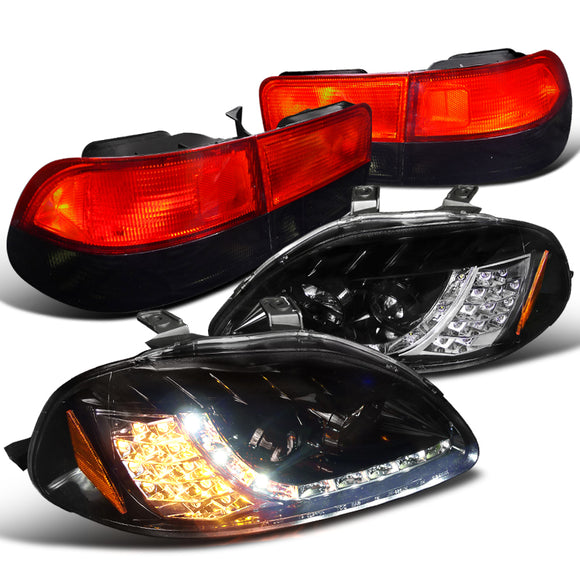 Coolstuffguru Compatible with Civic Coupe Glossy Black LED DRL Signal Projector Headlights+Smoke Tail Lamp