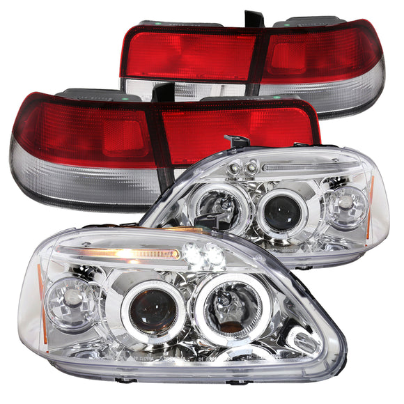 Coolstuffguru Compatible with Honda Civic Coupe Chrome Halo LED Projector Headlights+Red Clear Tail Lamps