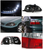 Coolstuffguru Compatible with Honda Civic 4Dr Glossy Black R8 LED DRL Projector Headlights+Rear Tail Lamps